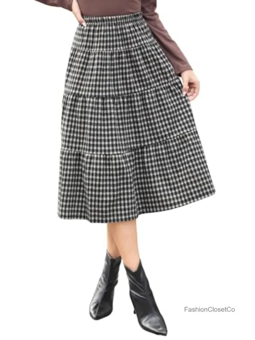 High Waisted Plaid Pleated Maxi Skirt Plus Size Fall Winter